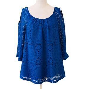 Roz & Ali Royal Blue 3/4 Peek-a-Boo Sleeve Lined Lace Blouse Round Neck Size L
